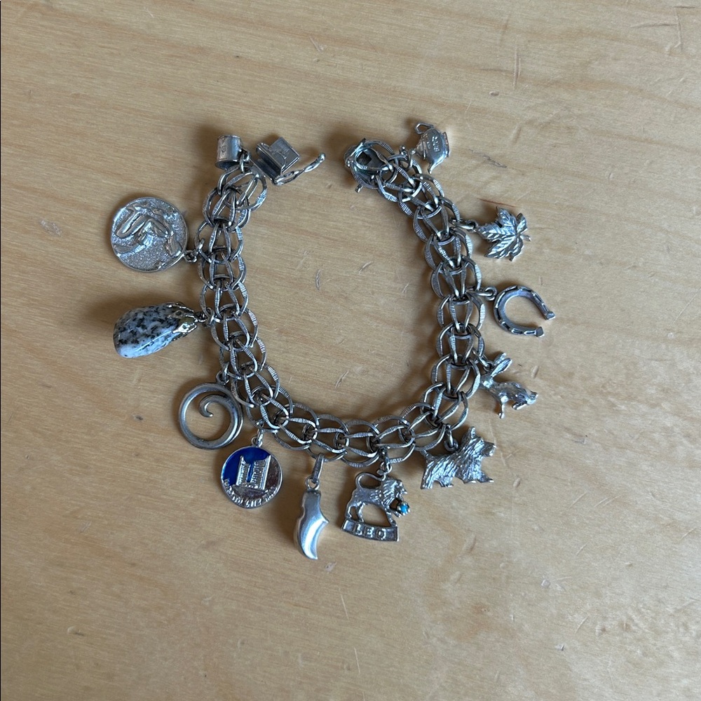 Sterling 925 Silver Charm Bracelet with Various Charms